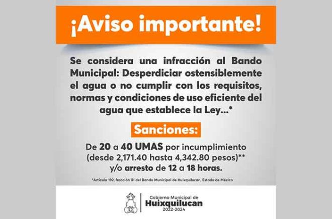 El Gobierno de Huixquilucan sancionará a quienes desperdicien el agua, con multas que van hasta los 4 mil 342.80 pesos.
