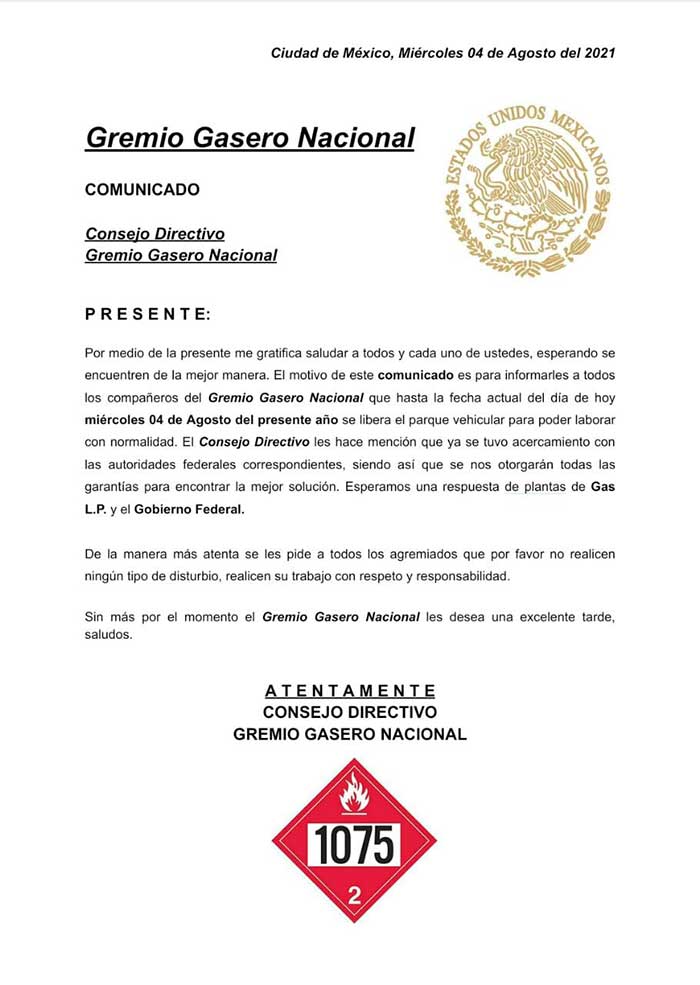 comunicado oficial gaseros