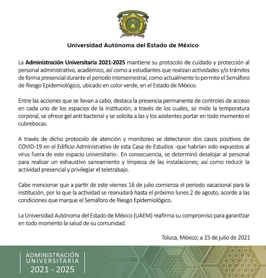 comunicado uaem casos covid