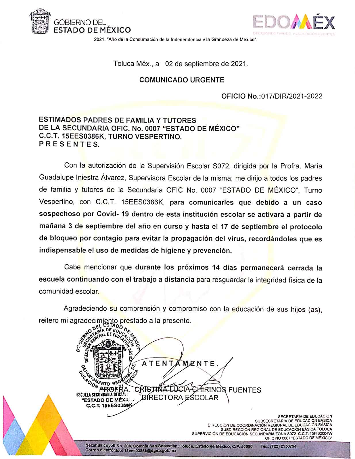 Comunicado urgente Escuela Secundaria Oficial No. 0007 "Estado de México"