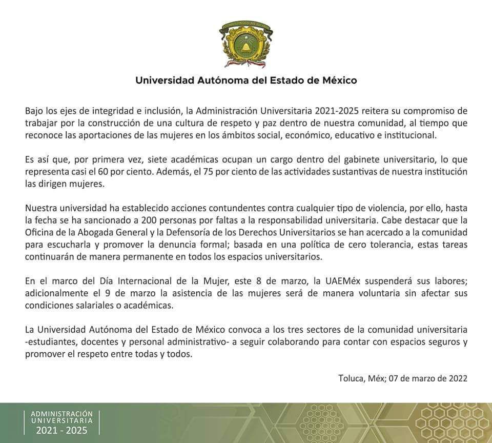 comunicado uaem 8M 2