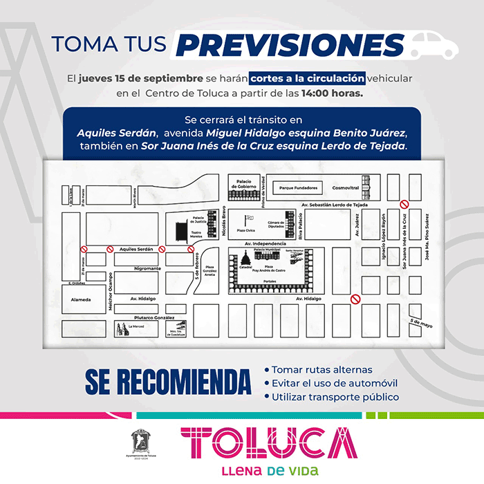 cortes circulacion toluca 15 septiembre