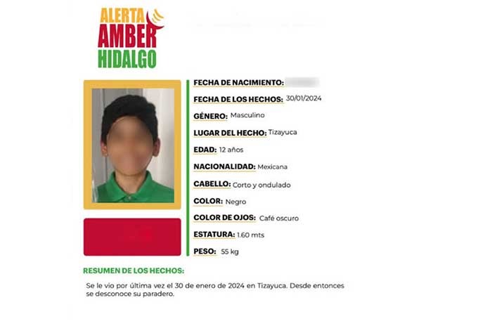 alerta amber menor desaparecido tizayuca hidalgo