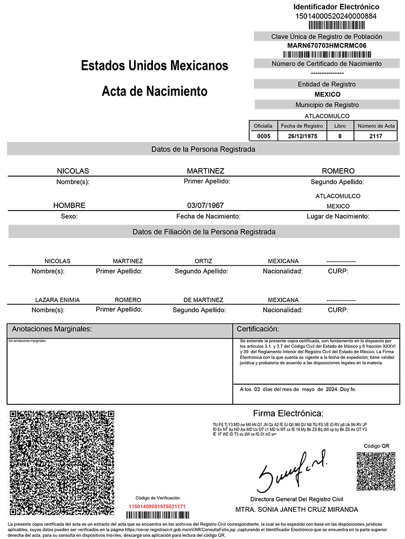 acta nacimiento nicolas martinez romero