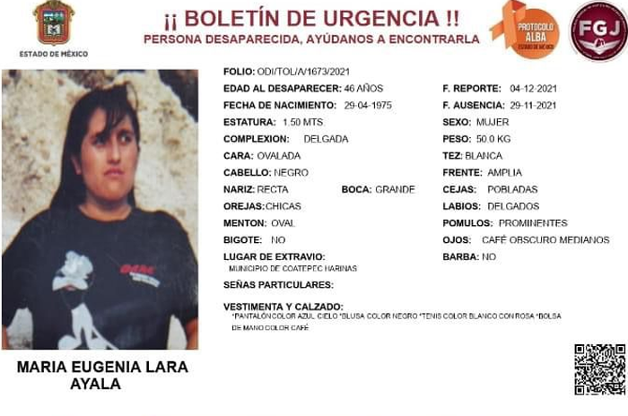 Mujer desaparecida sin vida Coatepec Harinas