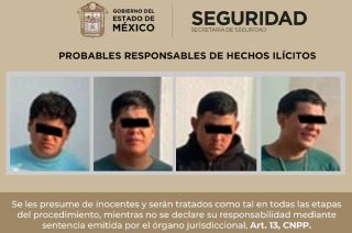 Elementos de seguridad aseguraron a cuatro sujetos, un arma calibre 9 mm y presunta droga.
