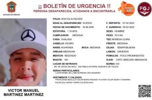 Víctor Manuel Martínez Martínez de 16 años fue reportado como desaparecido el 5 de febrero.