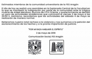 En Neza, FES Aragón se suma al paro de labores de la UNAM por muerte de Aidé