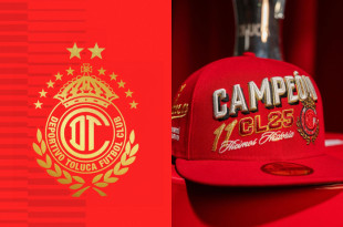 Escudos institucionales del Toluca con el característico color escarlata que identifica al club