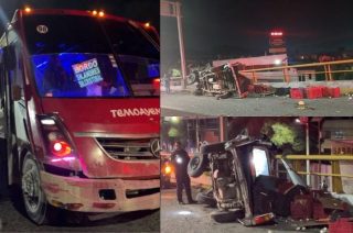 Autobús de la línea Temoayenses involucrado en el accidente registrado sobre el distribuidor vial Alfredo del Mazo.