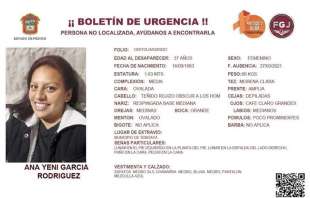 Yeni García Rodríguez,  quien desapareció desde el 27 de Marzo