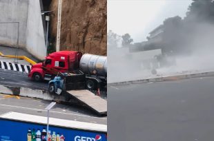 Tráiler cargado con acero impactó la caseta de la autopista Naucalpan-Toluca.