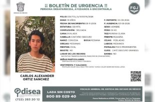 Ficha de búsqueda de Carlos Alexander Ortiz Sánchez, estudiante de la UAEMéx desaparecido en Zinacantepec.