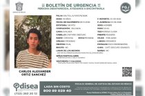 Ficha de búsqueda de Carlos Alexander Ortiz Sánchez, estudiante de la UAEMéx desaparecido en Zinacantepec.