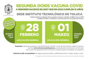 En Metepec solo se aplicará la segunda dosis a jóvenes nacidos en 2007 que este año cumplen 15 años.