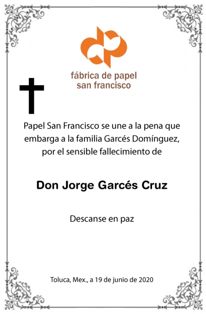 Esquela Don Jorge Garcés Cruz