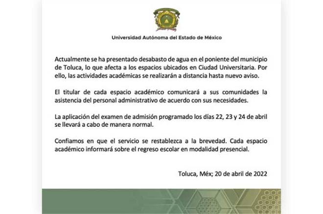 Circular en redes sociales oficiales de las facultades ubicadas en el Cerro de Coatepec en Toluca