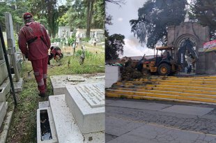 Personal de Servicios Públicos realiza trabajos de limpieza y mantenimiento en los panteones de Toluca ante la llegada del Día de Muertos.