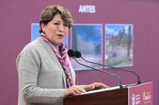 Delfina Gómez Álvarez, gobernadora del Estado de México, durante la entrega de la rehabilitación de la Unidad Deportiva “Manager Guadalupe Sánchez”