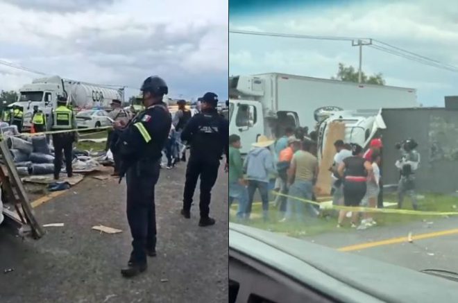Un tráiler cargado con prendas de vestir volcó sobre la autopista México-Tulancingo, en Axapusco.