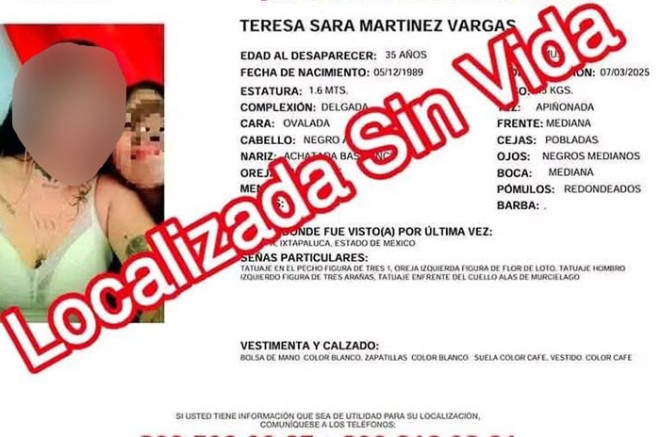  Teresa Sara, de 35 años, fue hallada sin vida en la colonia La Bomba, tras ser reportada desaparecida el viernes. Su familia exige justicia y el esclarecimiento de los hechos