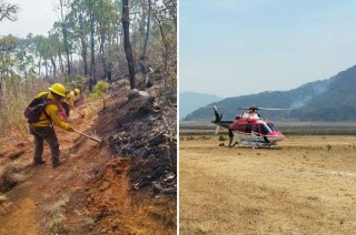 Grupo de Rescate Aéreo &quot;Relámpagos&quot; inicia descargas de agua en la zona afectada.