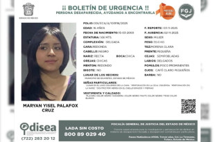 Ficha de búsqueda emitida por la Policía Municipal de Ecatepec para localizar a Maryan Yisel Palafox Cruz