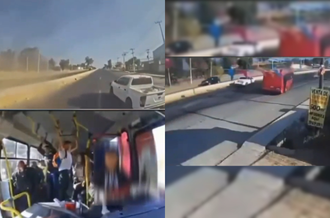 Cámaras de seguridad captaron el momento en que el autobús embiste la camioneta blanca