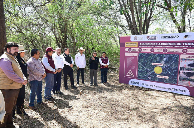 Delfina Gómez Álvarez encabezó el inicio de la reconstrucción en la carretera Valle de Bravo–Santo Tomás, tras daños provocados por lluvias.