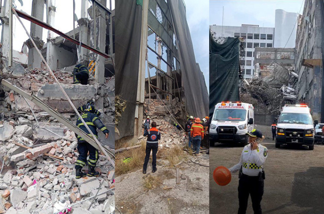 Equipos de emergencia realizan labores de búsqueda y rescate tras el colapso de un edificio en demolición sobre la calzada San Antonio Abad, en la alcaldía Cuauhtémoc.