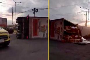 #Video: Vuelca tráiler cargado con cervezas en Pilares, #Metepec