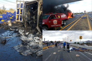 Tráiler que transportaba gallinas quedó volcado e incendiado sobre la carretera Texcoco–Calpulalpan