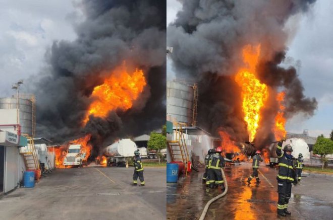 Bomberos y cuerpos de emergencia trabajan para controlar y sofocar el incendio registrado en la empresa Quimitec, en Tlalnepantla.