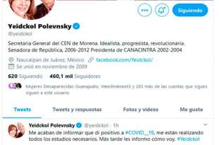 Informa Yeidckol Polevnsky que tiene COVID