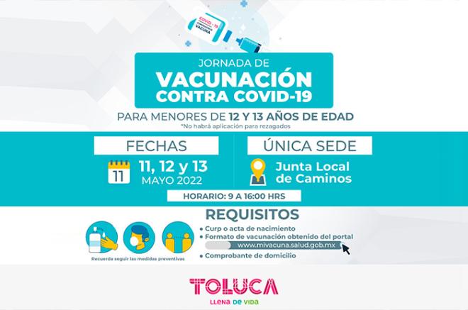 Jornada de vacunación contra el Covid-19 a niños y niñas de 12 y 13 en Toluca