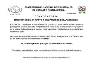 La Confederación Nacional de Industriales de Metales y Recicladores convocó a una manifestación a través de un comunicado.
