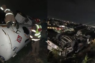 Pipa de gas LP quedó volcada sobre su costado izquierdo en la colonia Buenavista, Ecatepec.