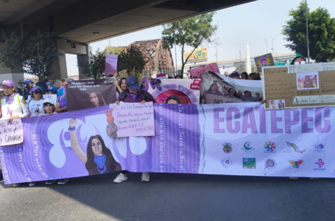Mujeres participantes marchan en Ecatepec durante la movilización del 8 de marzo para exigir justicia y seguridad