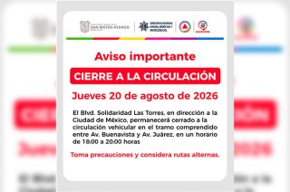 El cierre afectará Boulevard Solidaridad Las Torres, entre avenida Buenavista y avenida Juárez, durante dos horas este jueves.