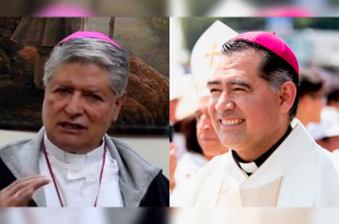 Autoridades eclesiásticas y la gobernadora Delfina Gómez felicitan al nuevo obispo.