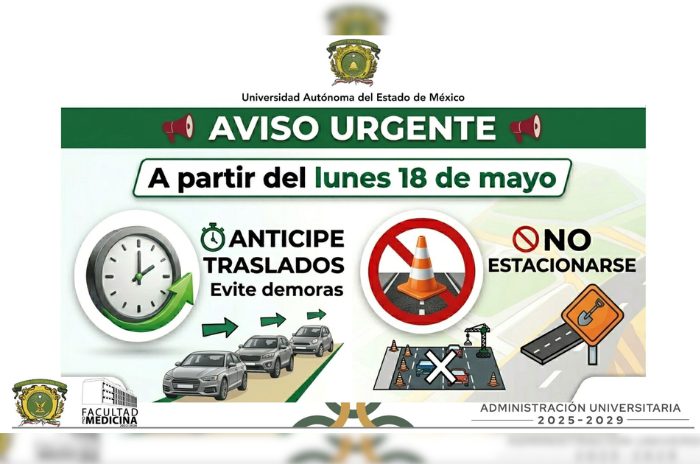 La Facultad de Medicina de la UAEMéx difundió el aviso sobre las obras y afectaciones viales que se realizarán en Paseo Colón.