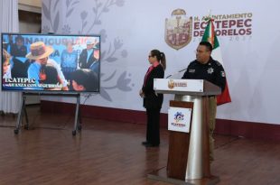 La presidenta municipal de Ecatepec, Azucena Cisneros Coss, durante la presentación de los avances en materia de seguridad.