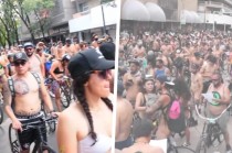 Colectivos LGBT, artistas de body paint y patinadores se unieron a la inédita rodada nudista en Toluca.