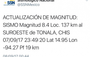 Corrige SSN intensidad del temblor a 8.4 grados