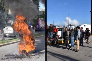 Inconformes estacionaron varios camiones de carga con cartulinas en las que exigen la detención del operador de la cisterna.