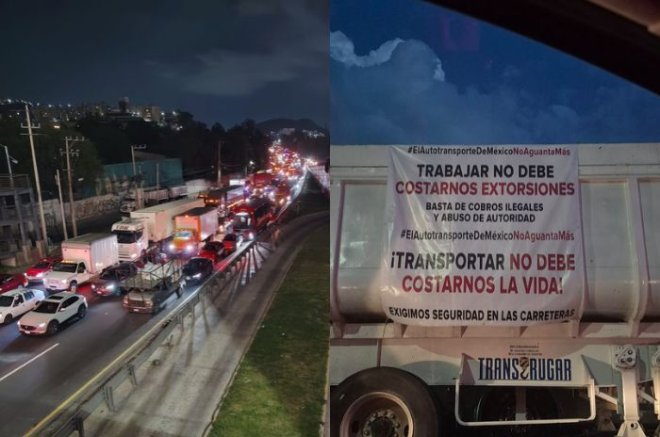 El bloqueo de transportistas mantiene colapsada la autopista México-Pachuca, en los límites de Tlalnepantla con la Ciudad de México.