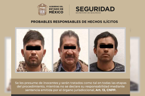 Los tres detenidos fueron asegurados por elementos de la Secretaría de Seguridad del Estado de México