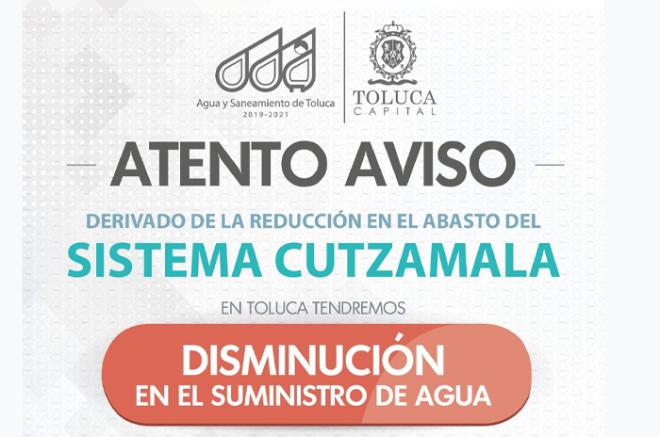 El ayuntamiento de Toluca recordó a la población que permanece una reducción en el suministro de agua hasta el próximo 15 de diciembre.