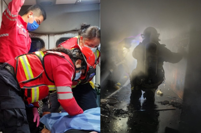 Elementos de Protección Civil y Bomberos de Toluca durante las labores para sofocar el incendio y atender una emergencia médica
