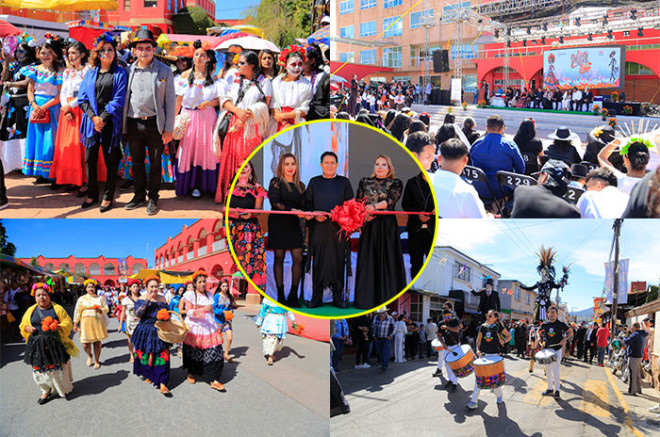 Las actividades iniciaron con el recorrido de catrinas, catrines y carros alegóricos “Eco de los Muertos”, seguido del ritual mazahua